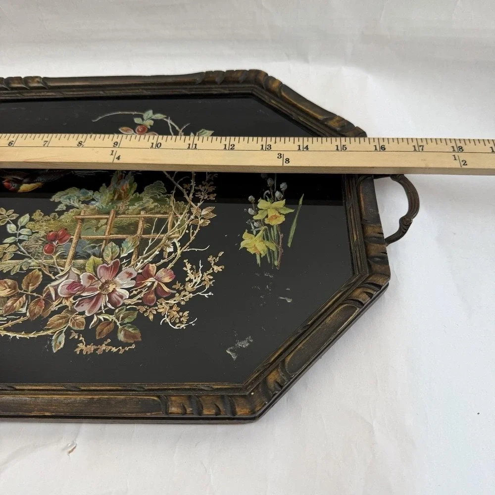 Vintage Dark Floral Tray Glass Top Moody Decor Bird Victorian Revival Black